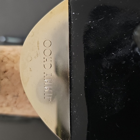 Jimmy Choo Blk Patent Leather Slides Crossover Straps Cork Wedge Sandals Sz38.5 - Picture 4 of 10